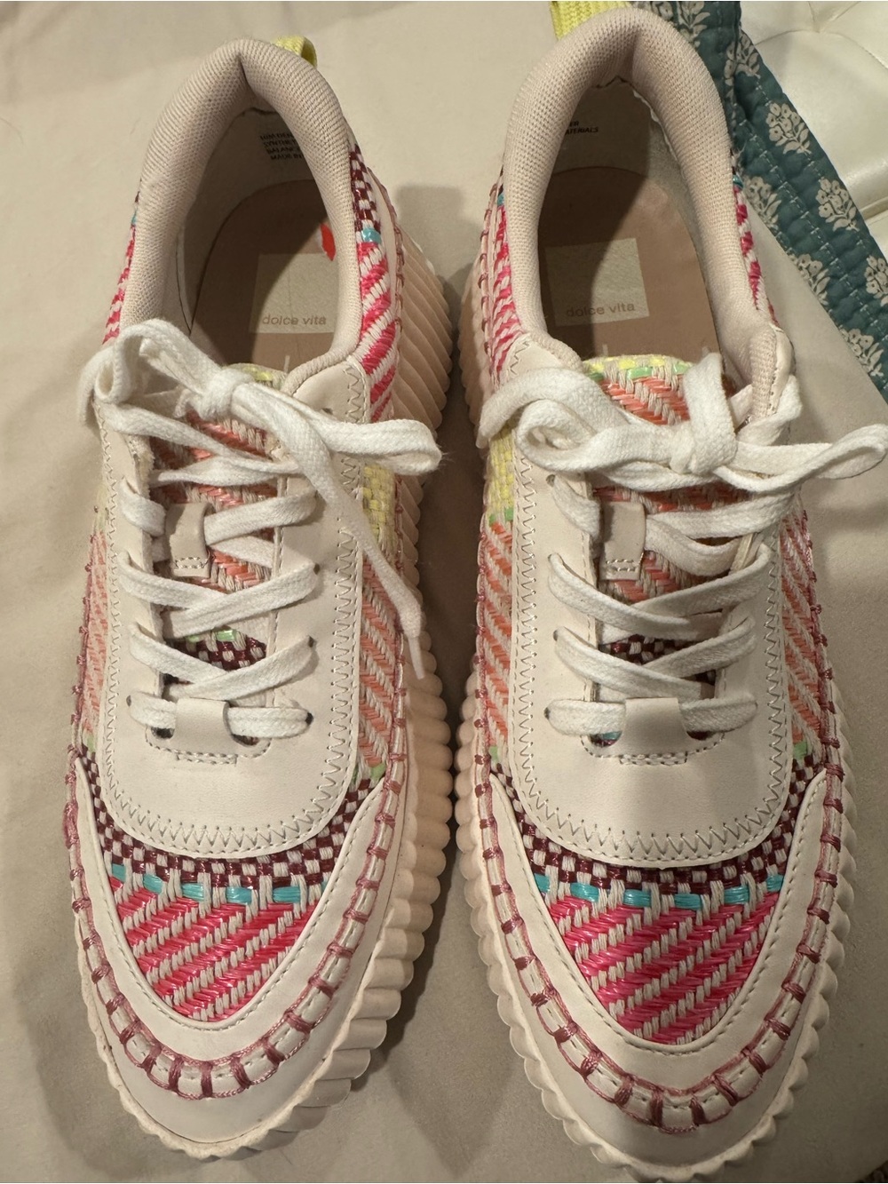 Dolce Vita White Sneakers with Pink & Turquoise Woven Accents